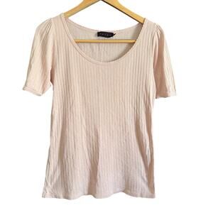 HATCH | Maternity Peony Pink Pointelle Cotton Scoop Neck Puff Sleeve Tee | Large